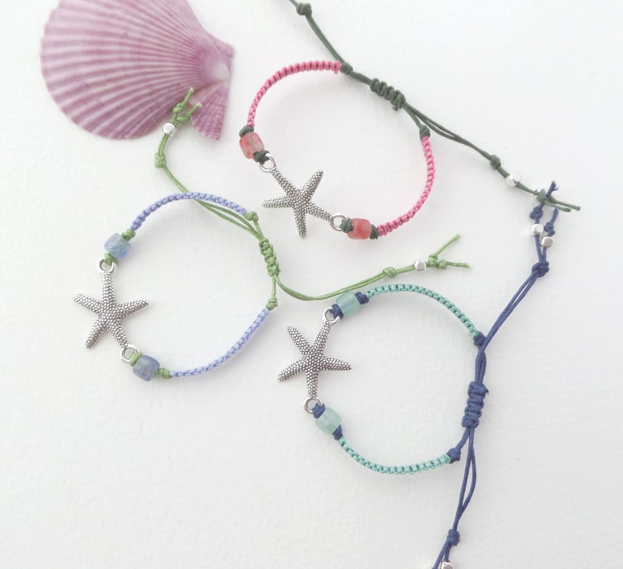 Silver Starfish Bracelet, Macramé and Cotton String Cord Adjustable