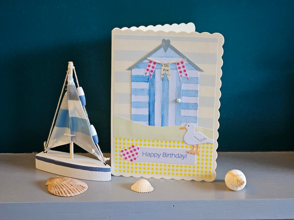 Large Beach Hut Birthday Card Size 7" x 5" Handmade and Unique