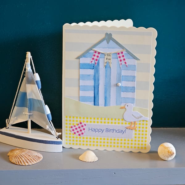 Large Beach Hut Birthday Card Size 7" x 5" Handmade and Unique