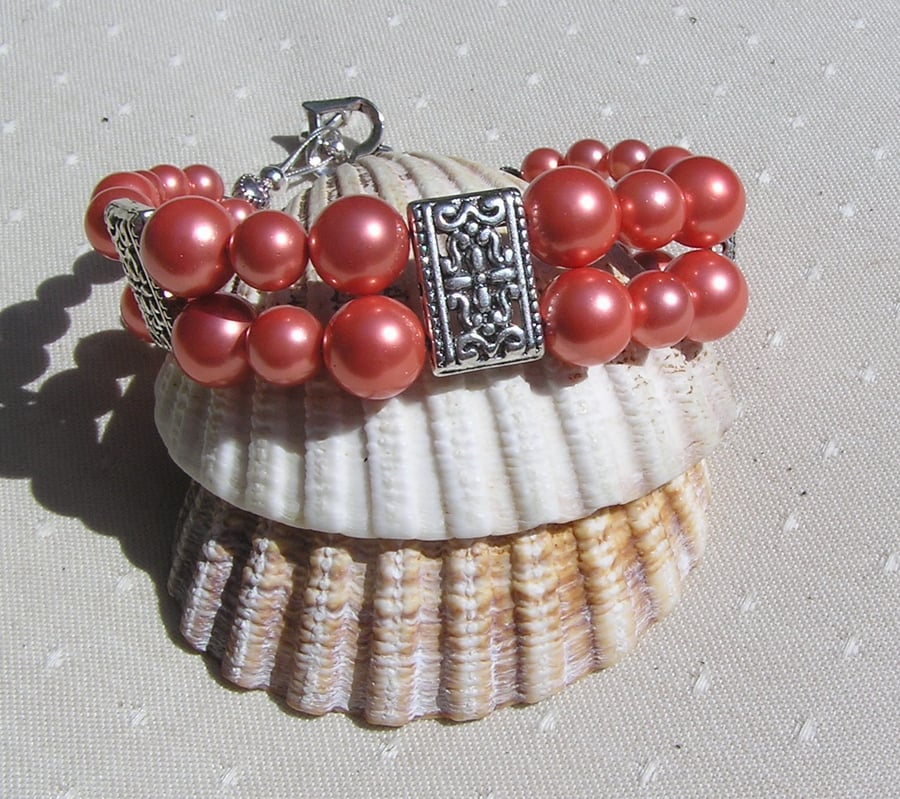 Salmon Shell Pearl Vibrant Chunky Beaded Bracelet "Salmon Bliss"