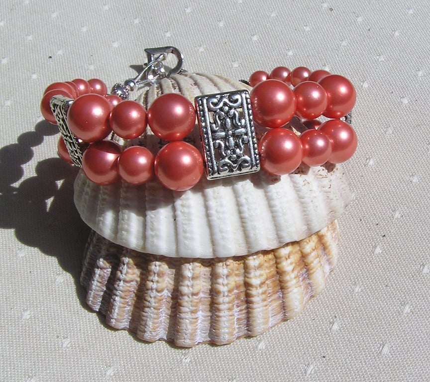 Salmon Shell Pearl Vibrant Chunky Beaded Bracelet "Salmon Bliss"