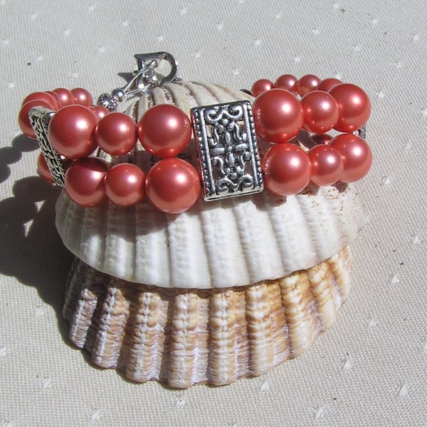 Salmon Shell Pearl Vibrant Chunky Beaded Bracelet "Salmon Bliss"