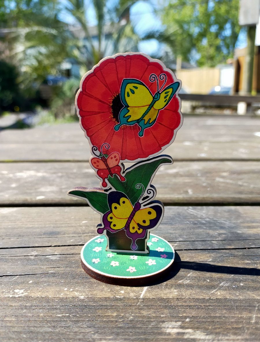 Wooden Standee - Butterflies and Flowers (Approx 55mm x 95mm)