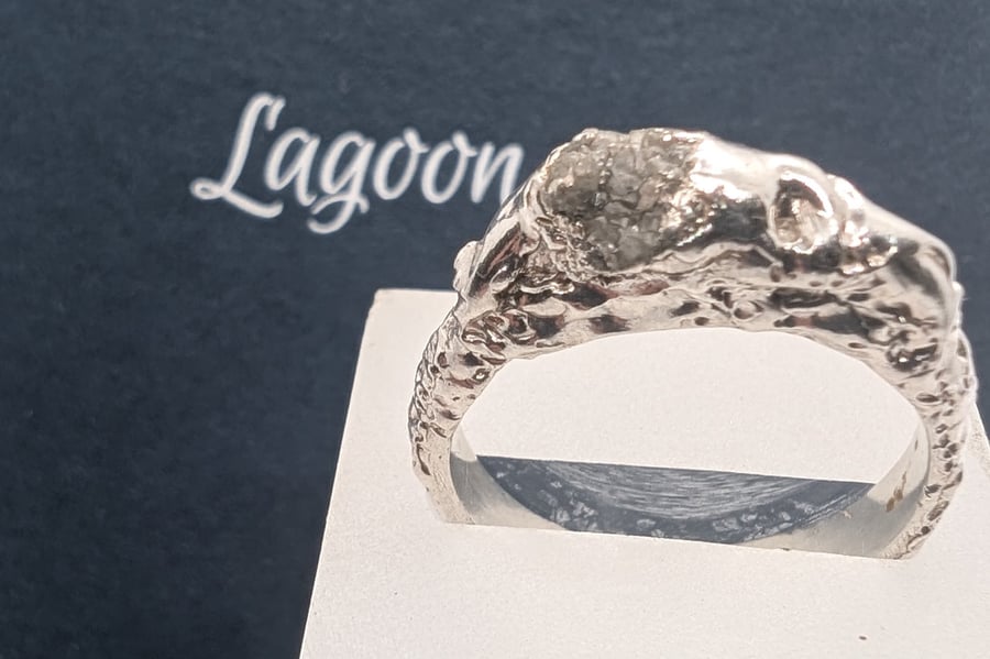 'Orrica' Sterling silver organic form ring with a rough diamond in grey