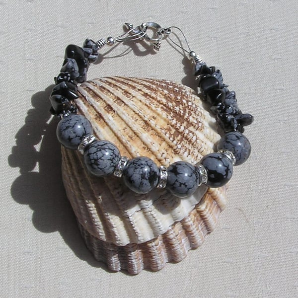 Snowflake Obsidian Gemstone Crystal Beaded Chakra Bracelet "Shadow Moon"
