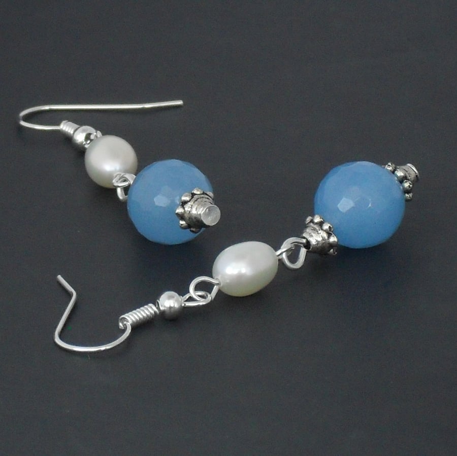 CELEBRATION HALF PRICE OFFER: Faceted blue quartz & ivory pearl earrings
