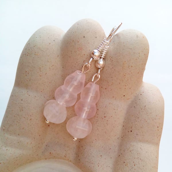 Rose Quartz Bottle Shaped and Cushion Beads Earrings, Gift for Her