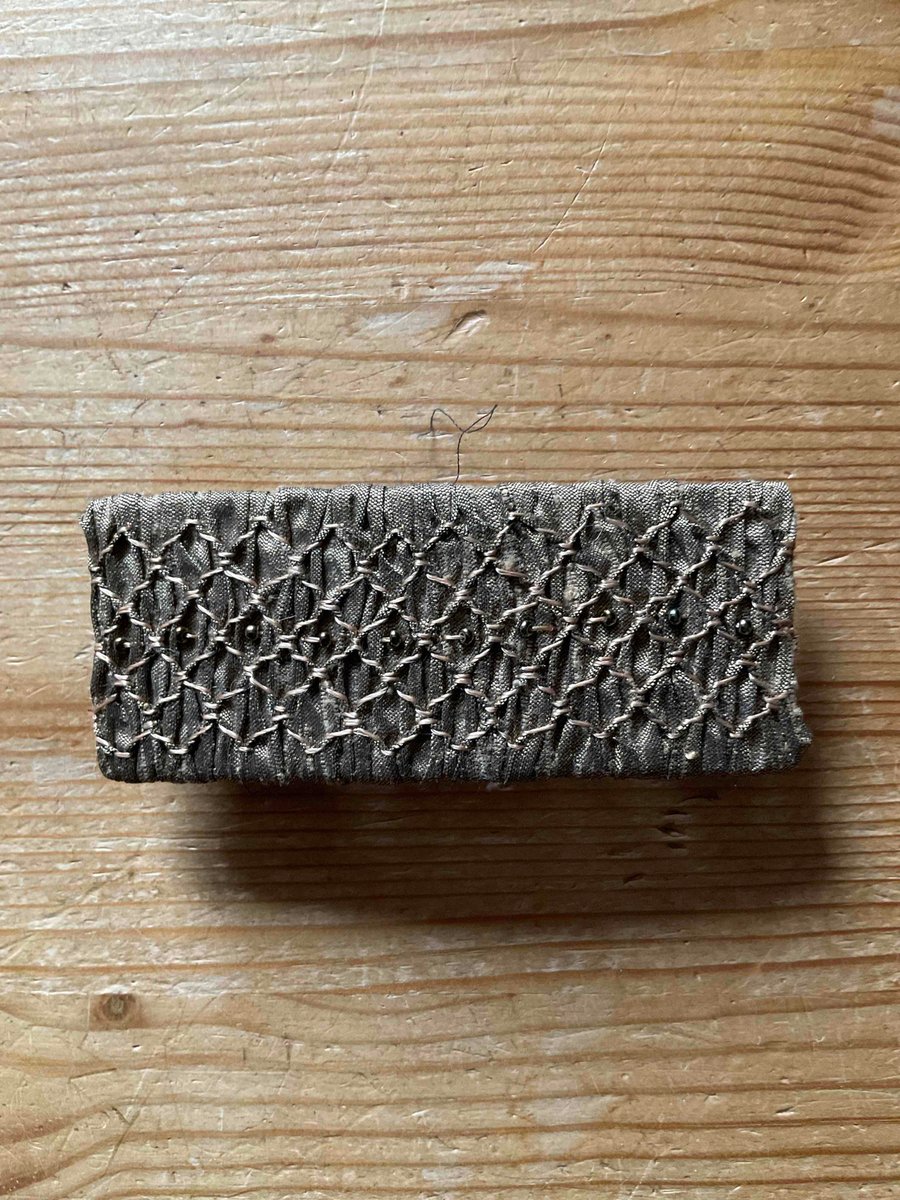 Hand Smocked and Beaded Old Gold Silk Hair Clip