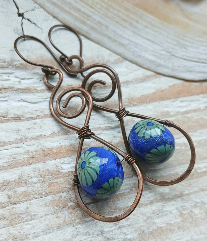 Handmade Copper and Lampwork Glass Earrings 