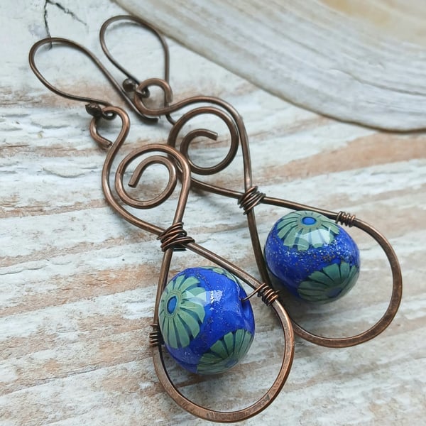 Handmade Copper and Lampwork Glass Earrings 
