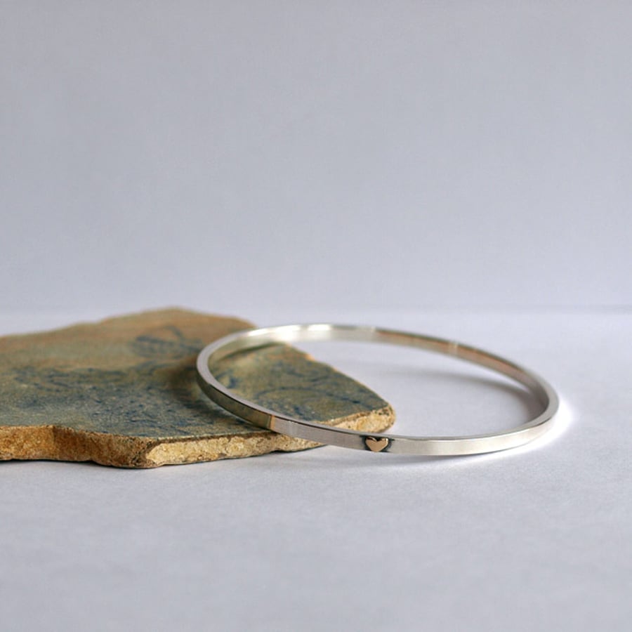 Silver Bangle with 9ct Gold Heart - Sterling Silver Bangles