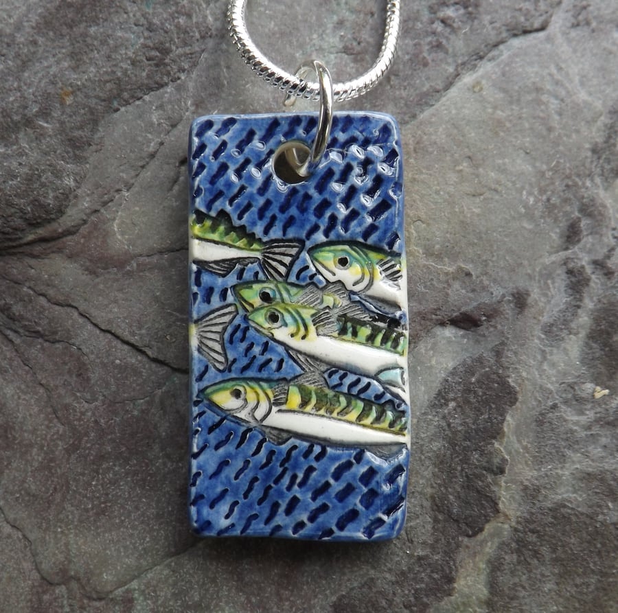 Handmade Ceramic Mackerel Pendant in blue