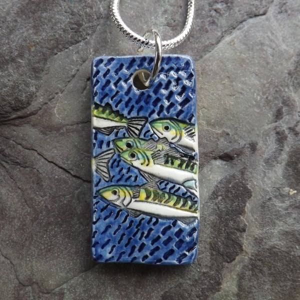 Handmade Ceramic Mackerel Pendant in blue