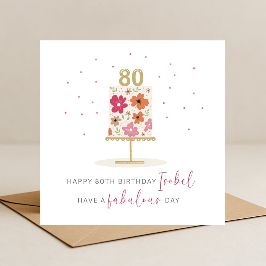 Personalised 80th birthday card - hand drawn floral cake