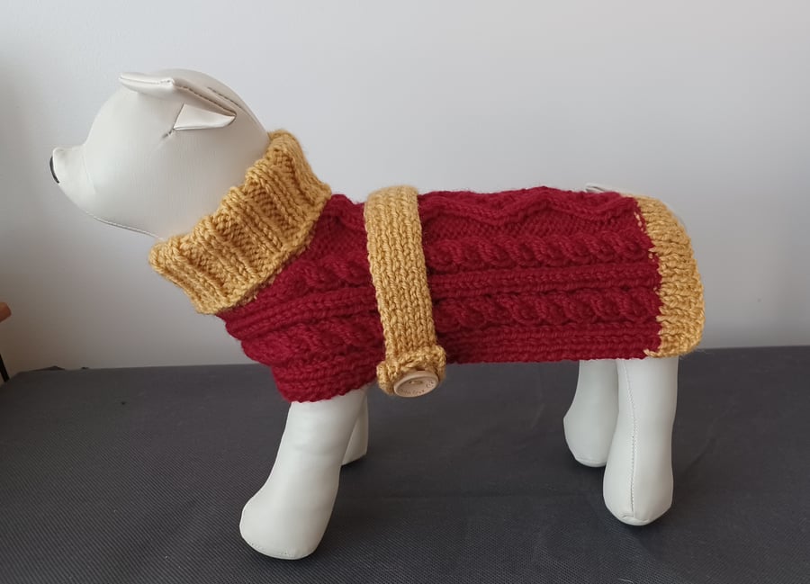 Small Dog Coat Knitted In Red And Gold With Cables and Buttons (R668)