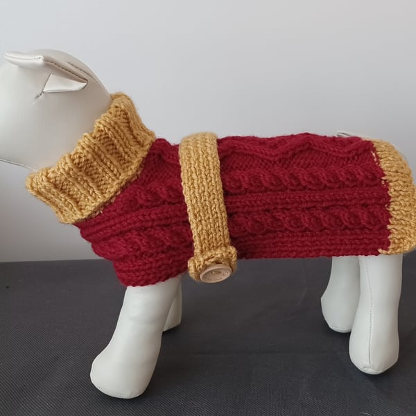 Small Dog Coat Knitted In Red And Gold With Cables and Buttons (R668)