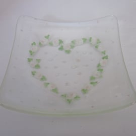 Handmade fused glass candy bowl - hand painted pale pink folk heart 