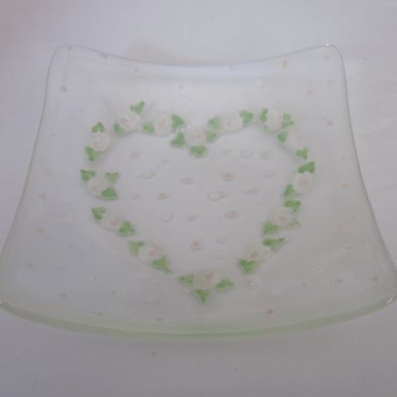 Handmade fused glass candy bowl - hand painted pale pink folk heart 