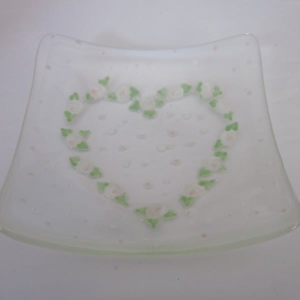 Handmade fused glass candy bowl - hand painted pale pink folk heart 
