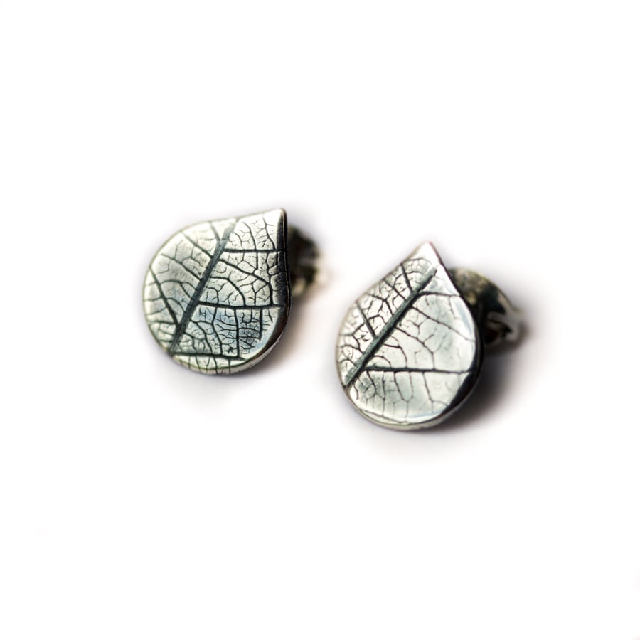 Small Recycled Sterling Silver Leaf Texture Tear Drop Ear Studs