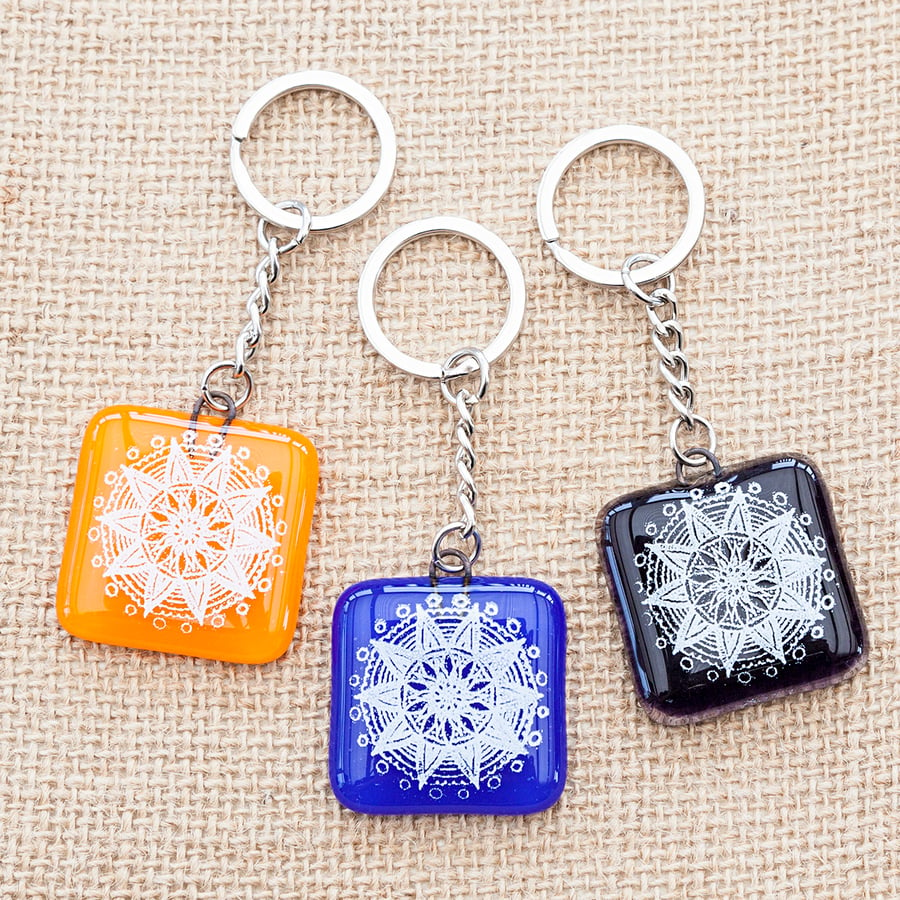 Mandala Fused Glass Keyrings Keychains Screen-printed Enamel Design Three