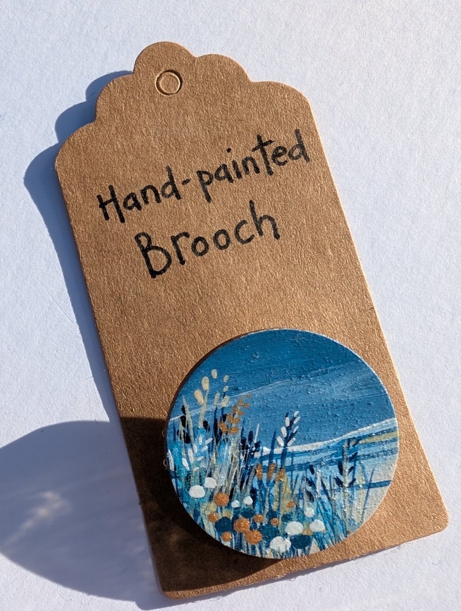 NEW Unique Hand Painted Wooden Brooch DAYTIME SKY 