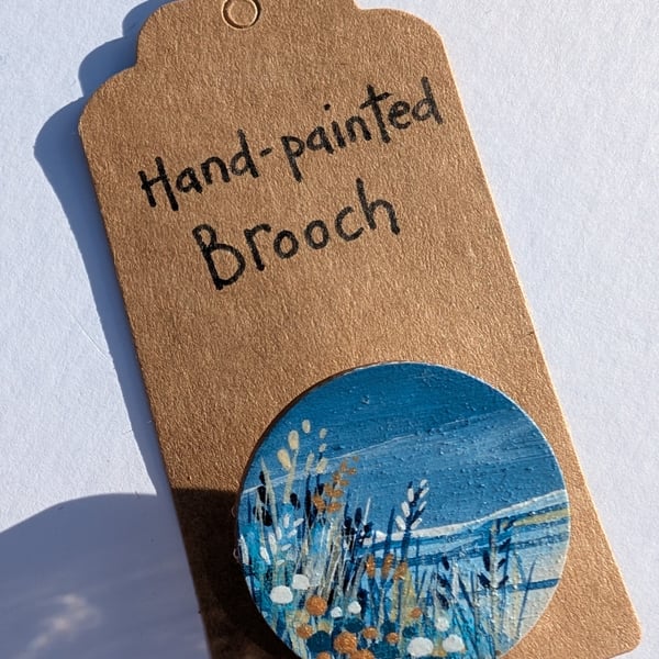NEW Unique Hand Painted Wooden Brooch DAYTIME SKY 
