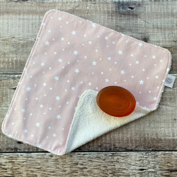 Organic Bamboo Cotton Wash Face Cloth Flannel Blush Pink White Star