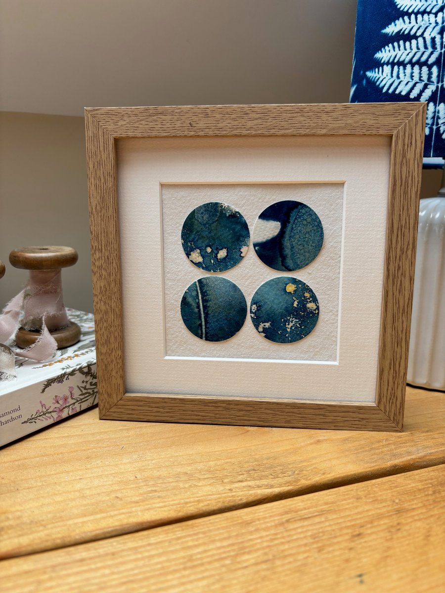 Originl Hand Printed Botanical Circle Cyanotype Art, Mounted