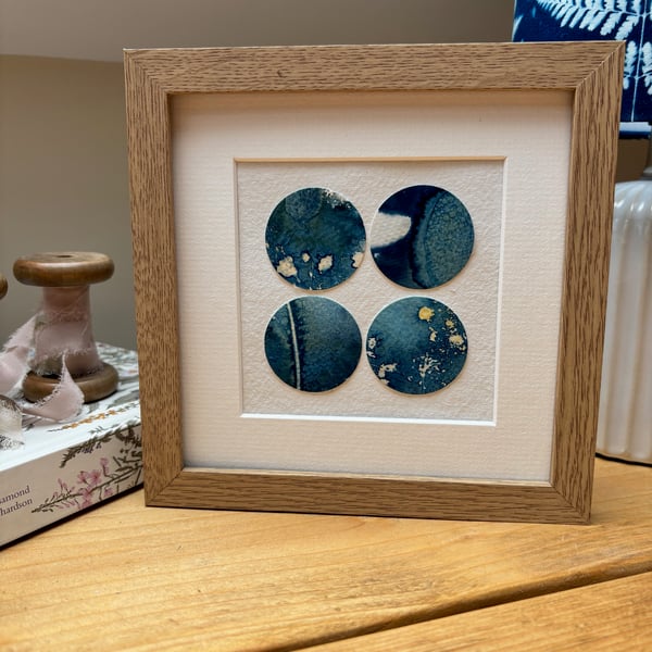 Originl Hand Printed Botanical Circle Cyanotype Art, Mounted
