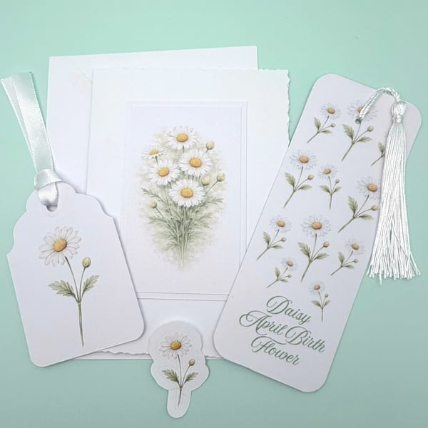 Daisy April Birth Flower Mini Gift Set - Botanical Card, Bookmark & Gift Tag
