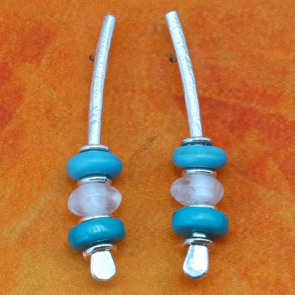 Handmade turquoise and rock crystal earrings on sterling silver rods. Arc, S.