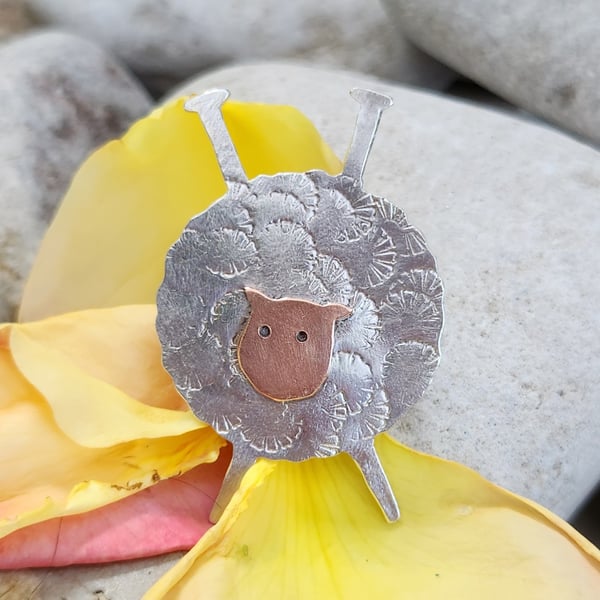 Knitting needle sheep brooch in sterling silver and copper