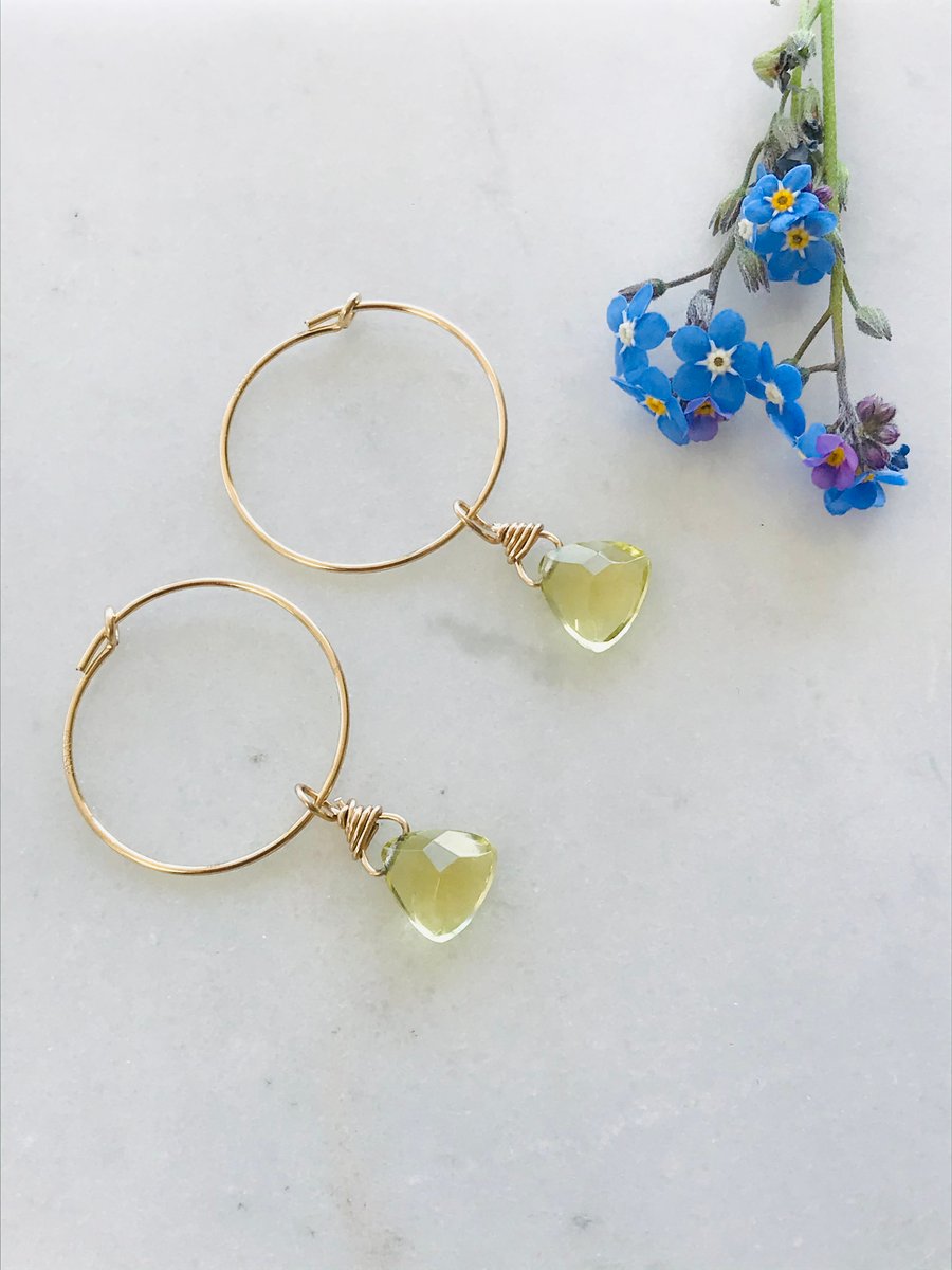 Lemon Quartz Briolette And Gold Filled ladies  Hoop Earrings, gift for her 