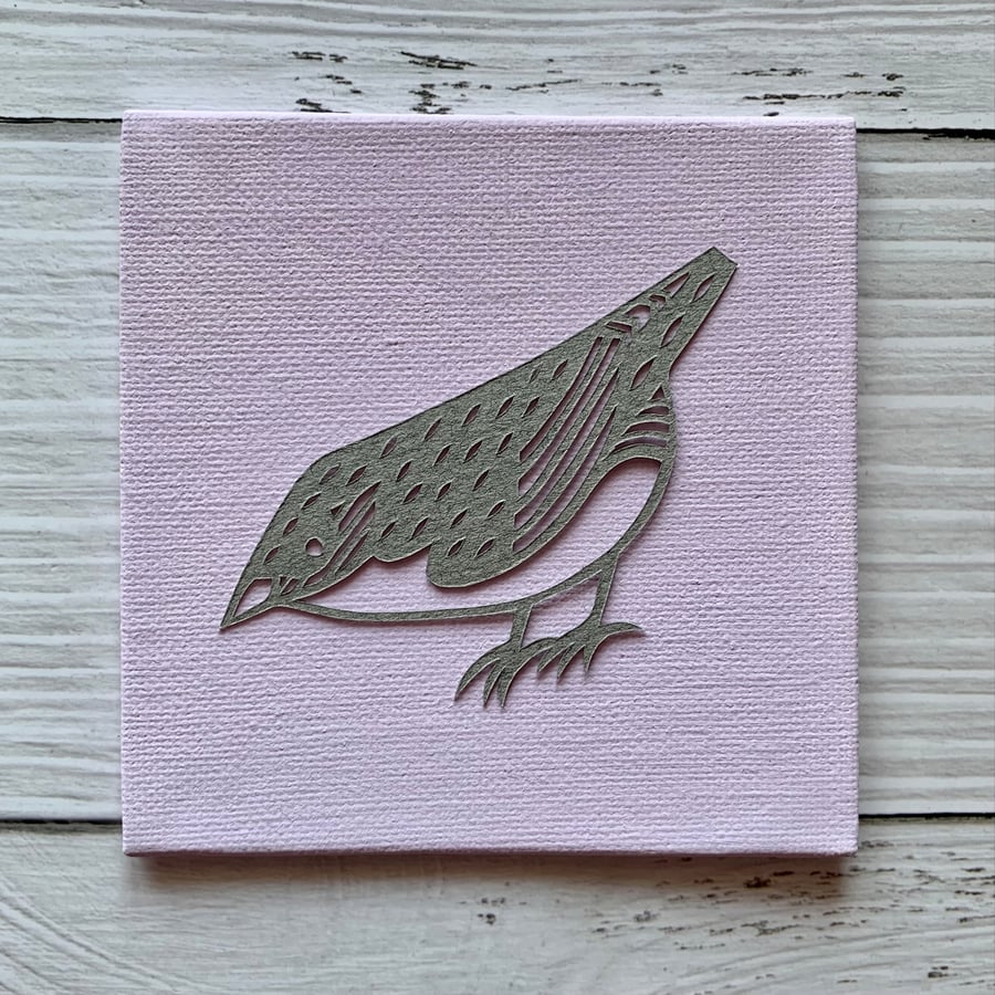 Mini Bird 'Norris' Original Hand Cut Papercut on Canvas - Grey