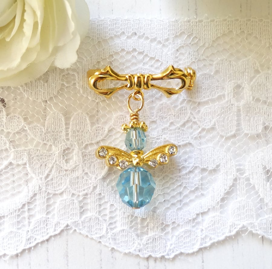 Something Blue Crystal Angel Gold Plated Bow Brooch with Swarovski Elements 