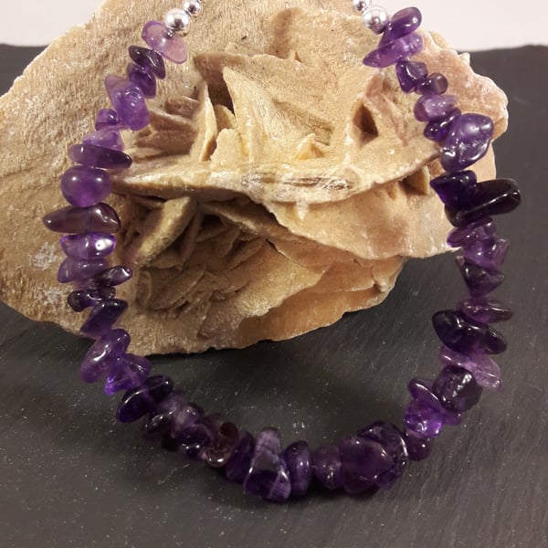 February Amethyst Chip and Sterling Silver Bracelet