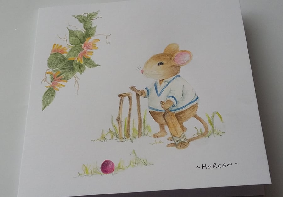HAND PAINTED WATER COLOUR CARD WITH A MOUSE PLAYING CRICKET