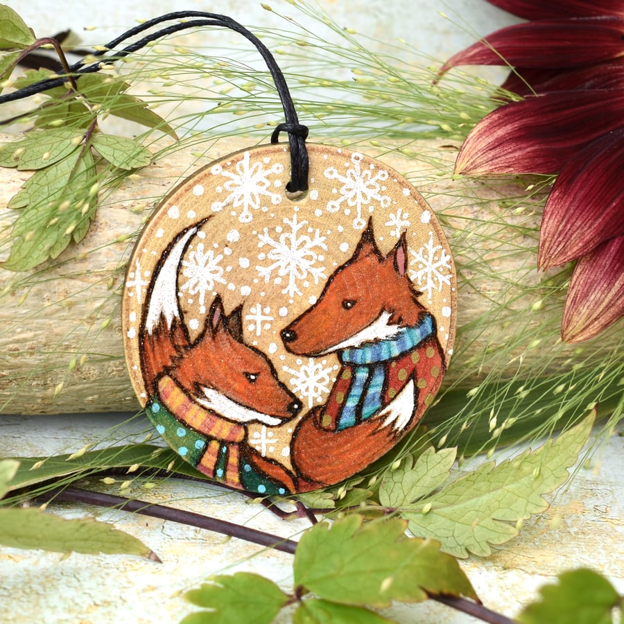 Festive Foxes hanging disc. Pyrography cute personalised decoration.