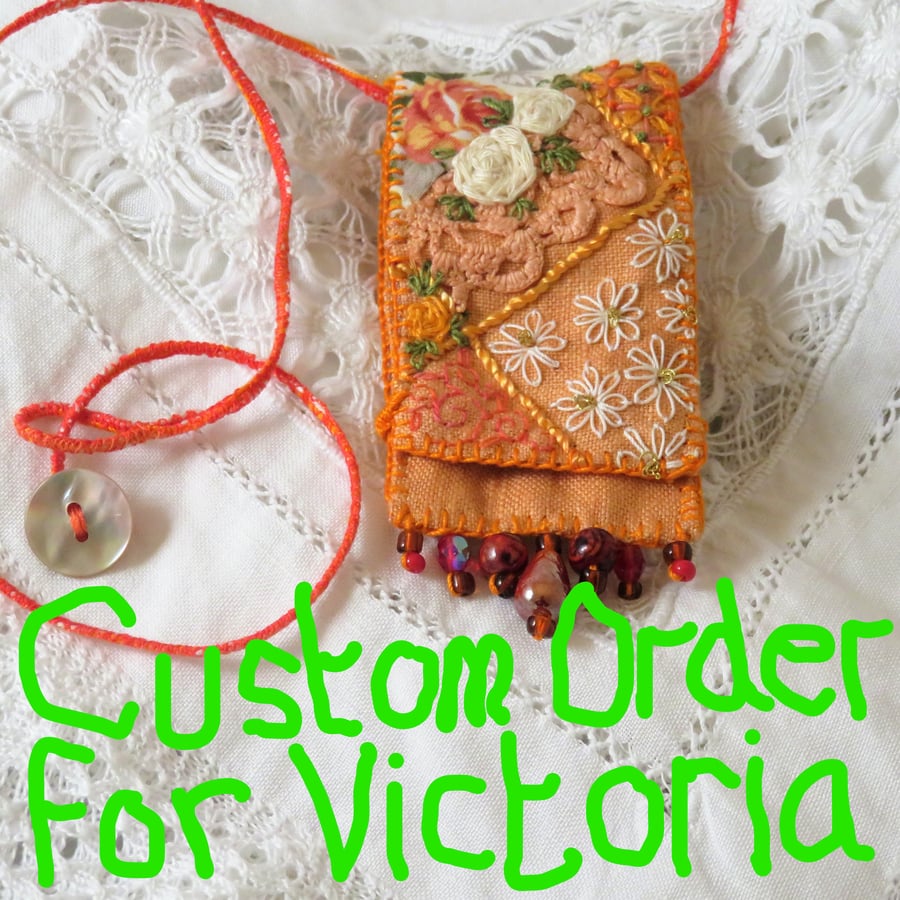 Orange and Cream Textile Embroidered Keepsake Pendant vintage linen, lace, beads