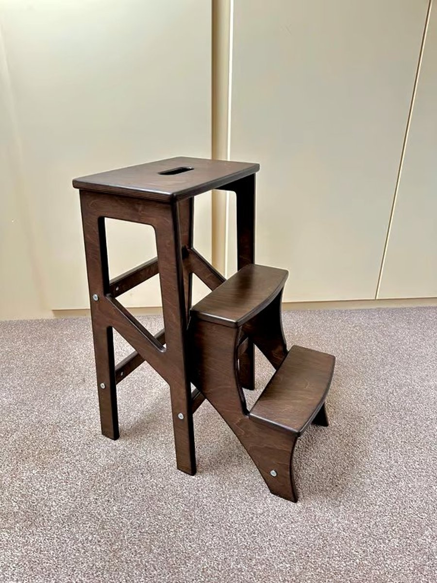 Dark Walnut Wooden Folding Step Stool. Kitchen Step Ladder UK.