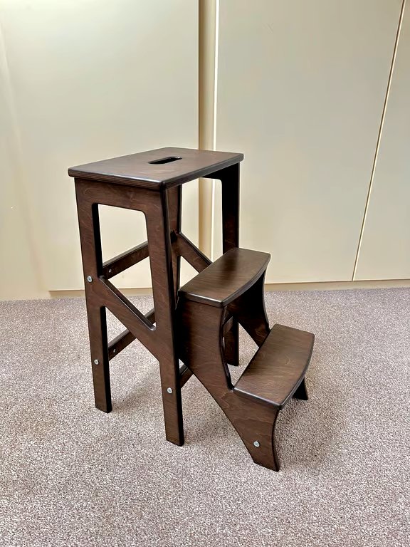 Dark Walnut Wooden Folding Step Stool. Kitchen Step Ladder UK.