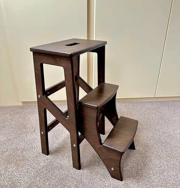 Dark Walnut Wooden Folding Step Stool. Kitchen Step Ladder UK.