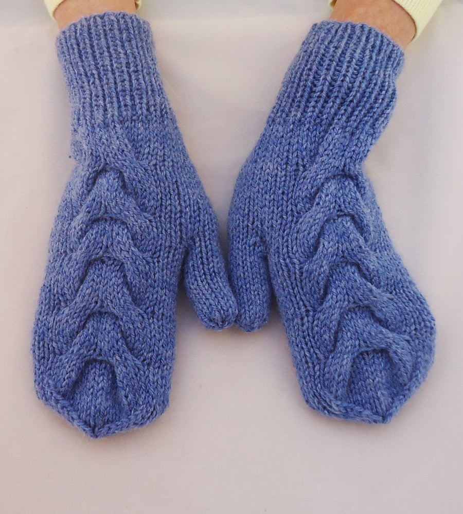 Hand Knit Cable Mittens in Blue, Mittens for Women, Hand Knit Mittens