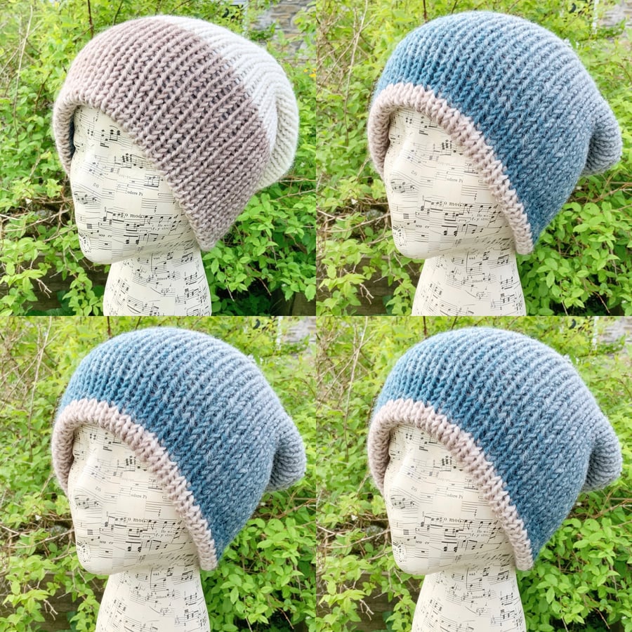 Reversible Hat. Beanie. Slouchy. Woolly Hat. Double Layered Knitted Hat. Hats.