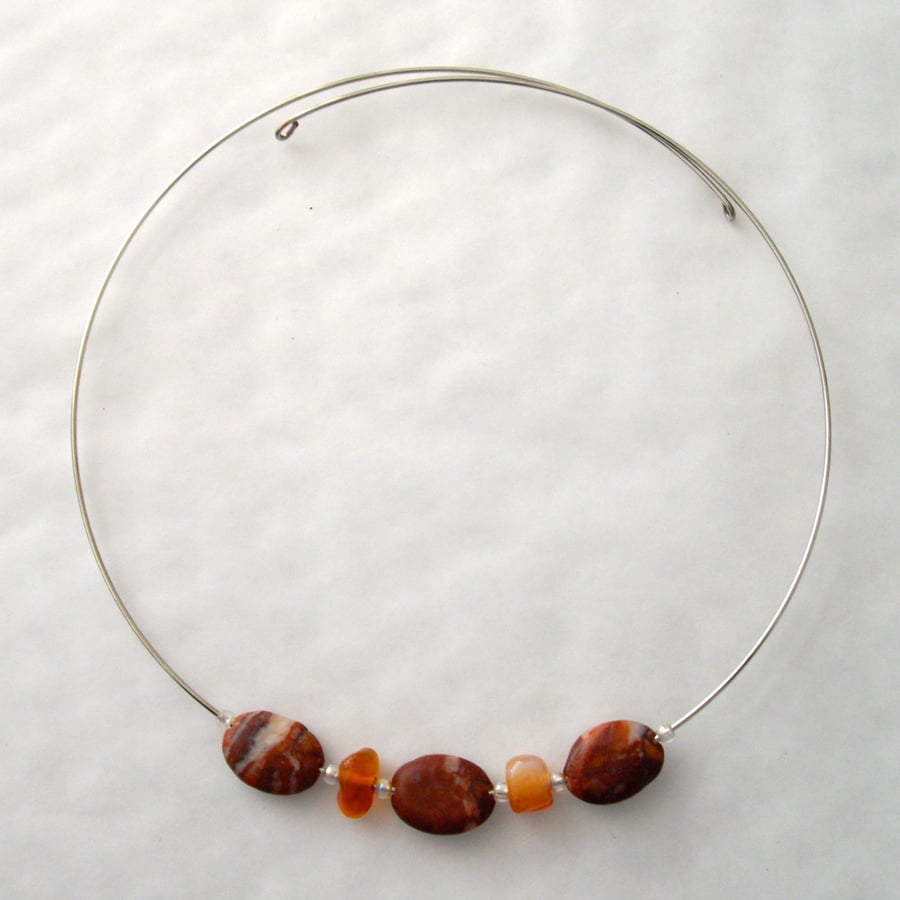 Jasper and Carnelian Memory Wire Necklace - UK Free Post