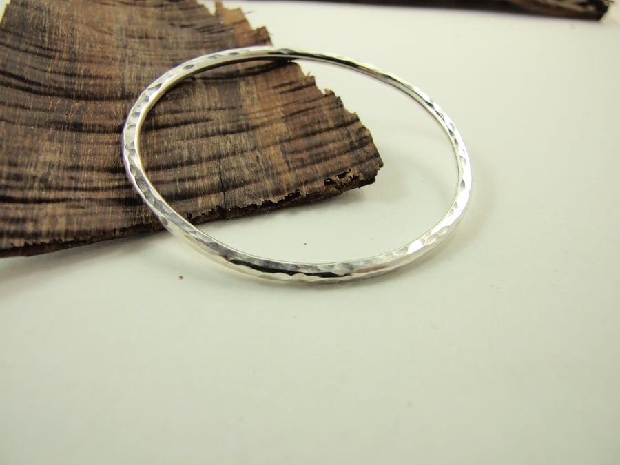 Sterling Silver Heavy Hammered Oval Bangle - Medium Fit
