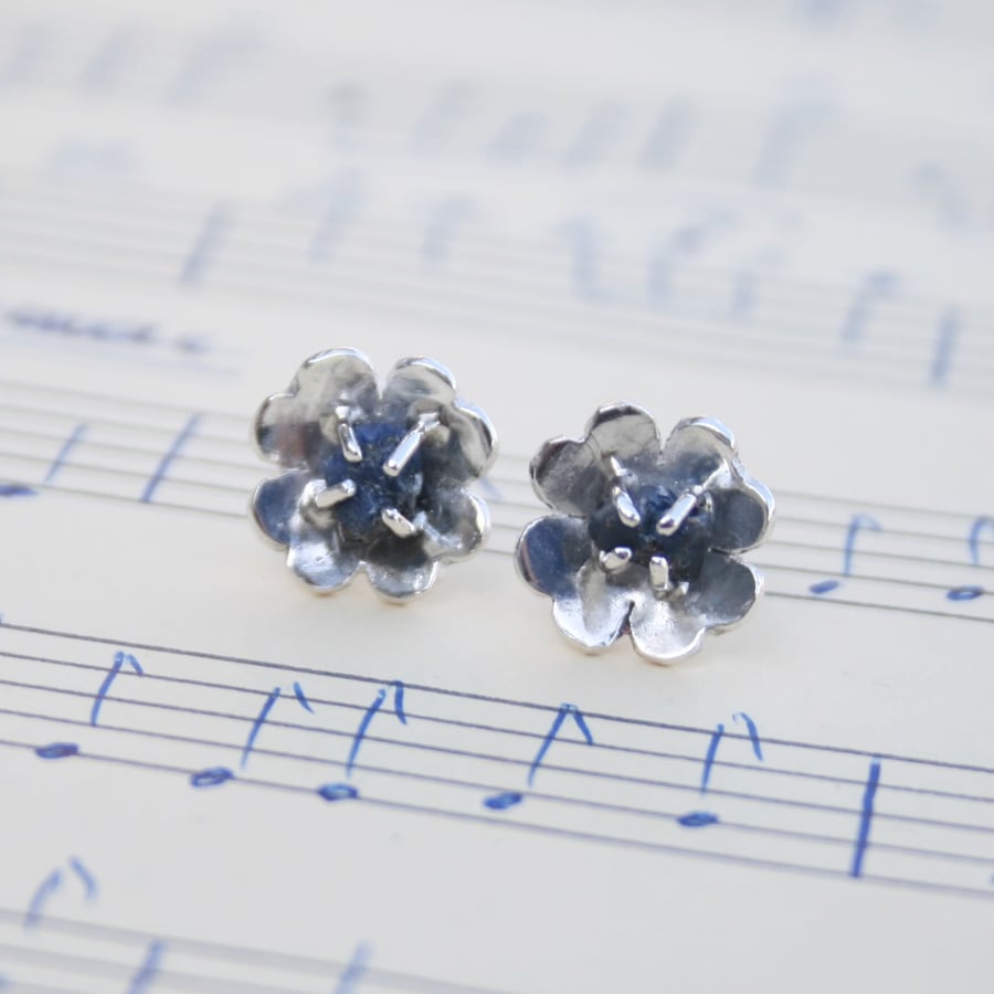 Silver flower earrings, sapphire earrings, September birthstone jewellery