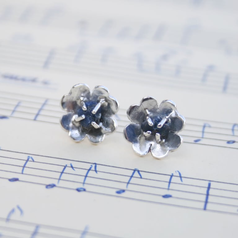 Silver flower earrings, sapphire earrings, September birthstone jewellery