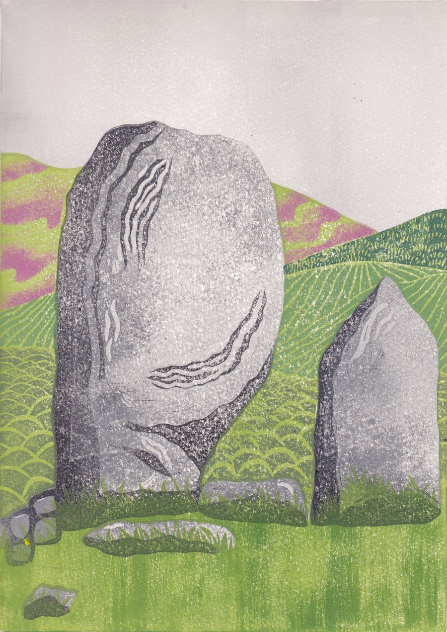 She had seen all this before LINO PRINT STANDING STONE ARCHAEOLOGY MEGALITH